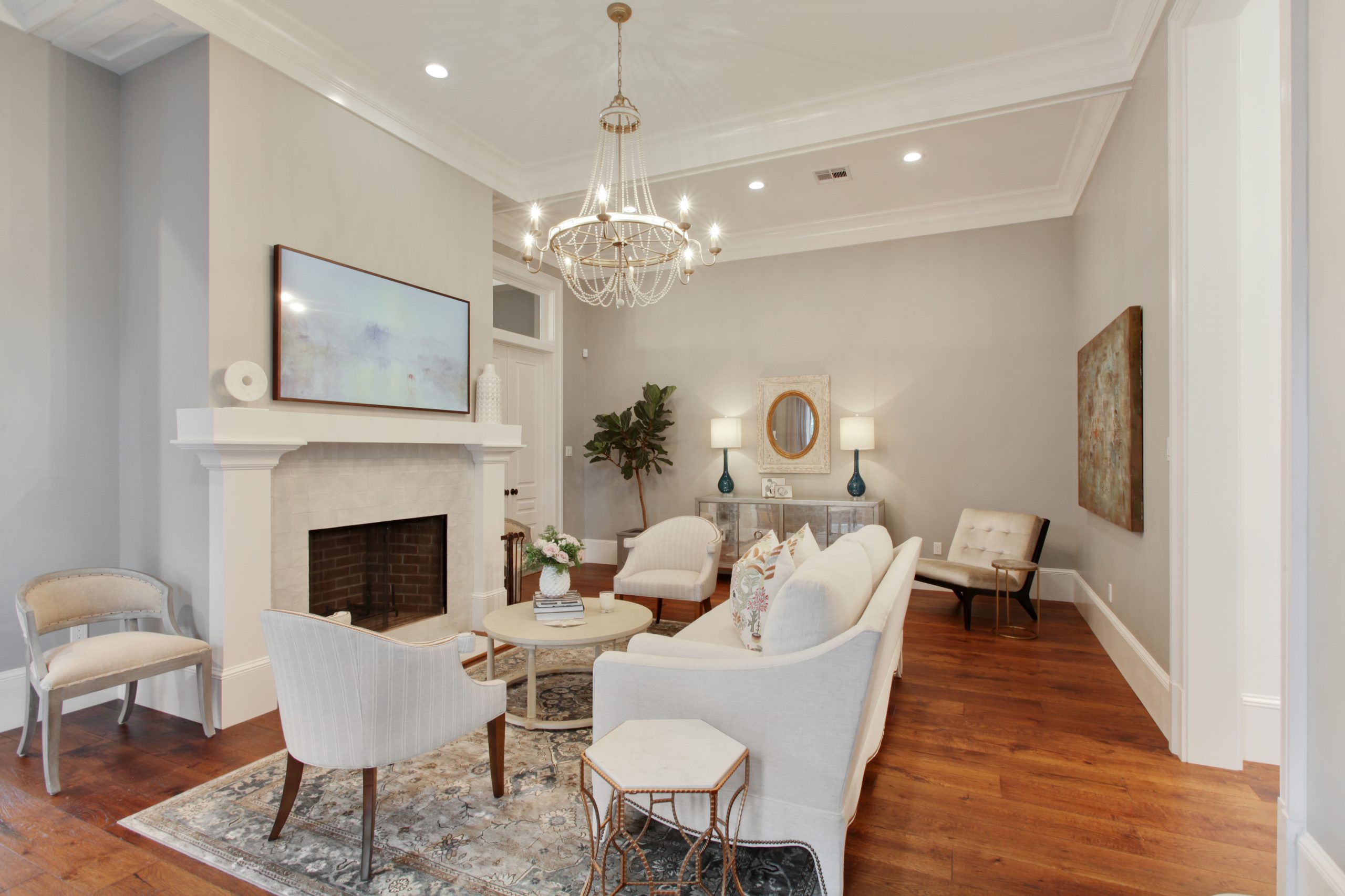 Luxury formal living room of Audubon House new construction home designed and built by DMG