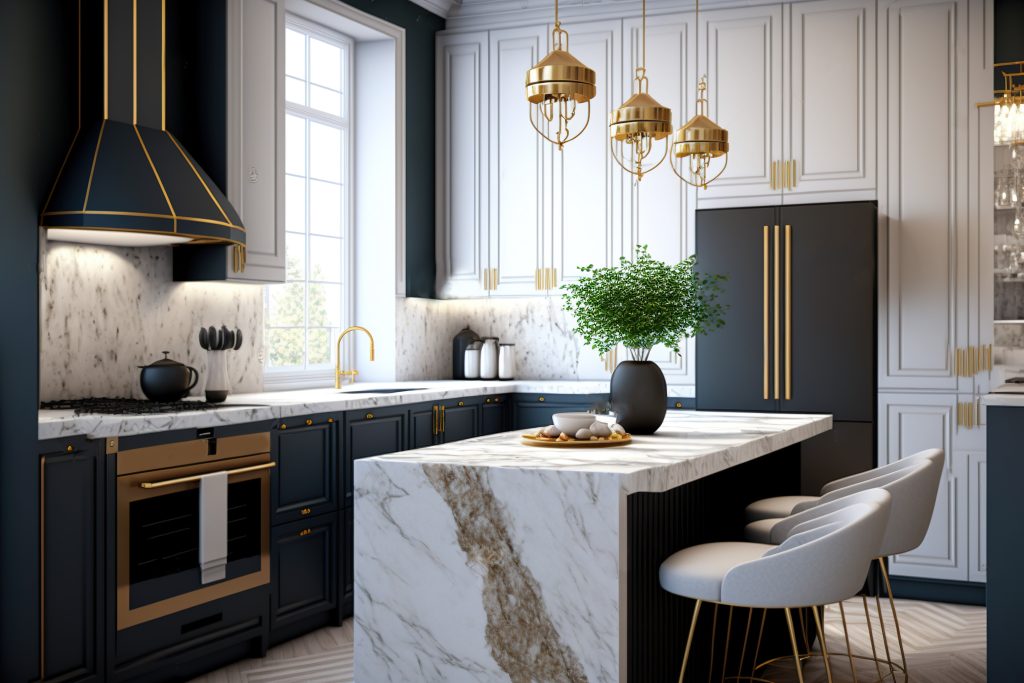 Kitchen with navy and white cabinetry accented with brass finishings and a natural marble waterfall island